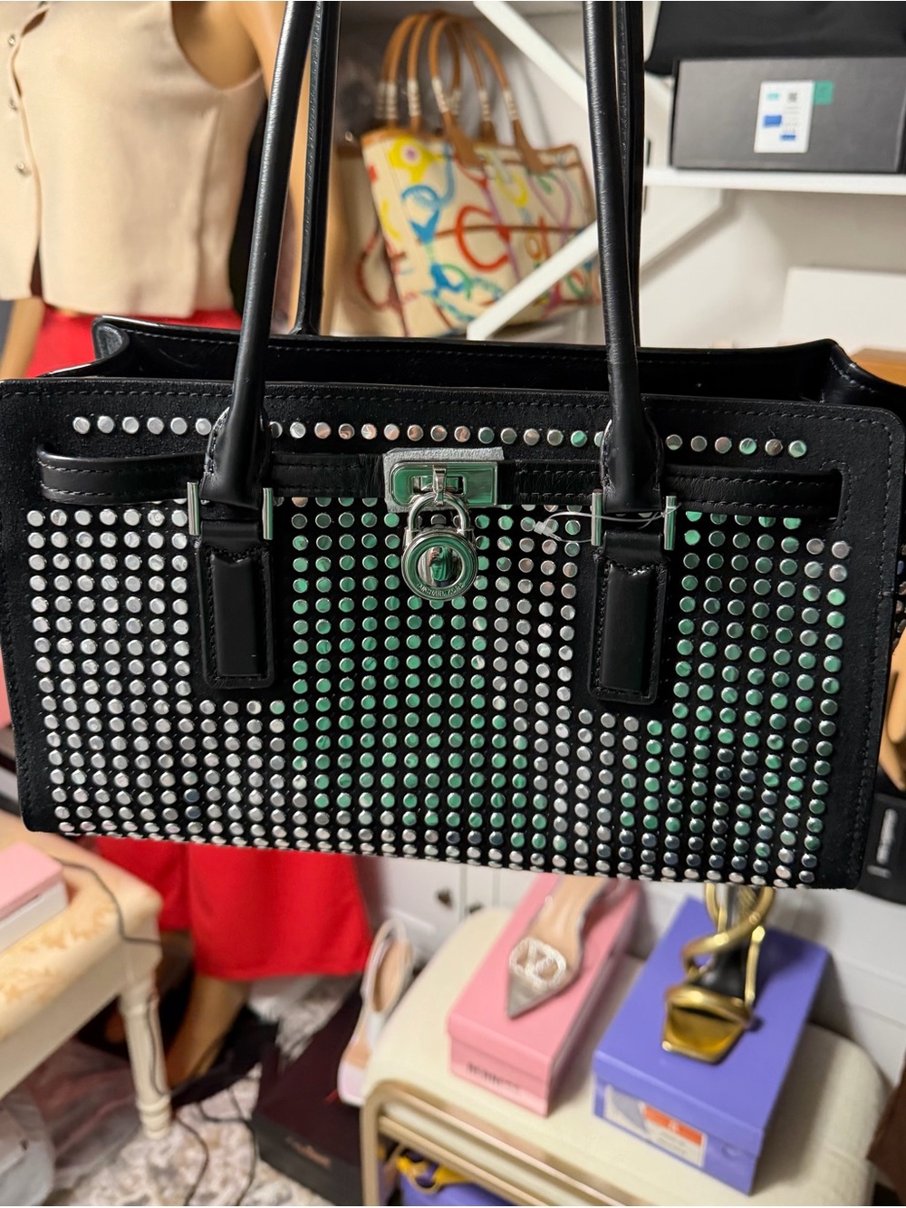 Michael Kors Black Leather Studded Satchel with Green and Silver Accents